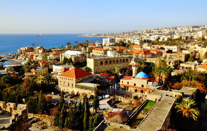 Aerial view of buildings and coastline in Byblos Jbeil Lebanon